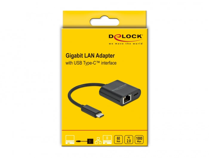 מתאם רשת USB-C לשקע RJ45 Gigabit 10/100/1000 תומך PD 60 W- delock.israel
