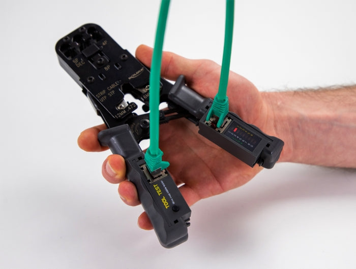 לוחץ כבל רשת או טלפון מקצועי RJ45+RJ10+RJ12/11+6P DEC משולב עם טסטר לבדיקת כבלי רשת - delock.israel
