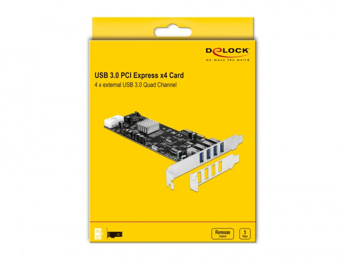כרטיס PCIe x4 USB 3.0 Quad Channel Low profile עם 4 יציאות USB-A צ'יפ Renesas - delock.israel