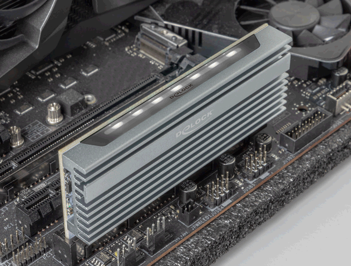 כרטיס ללא לוחית PCI-E x16 LED illumination עם גוף קירור עבור כונן M.2 NVMe - delock.israel