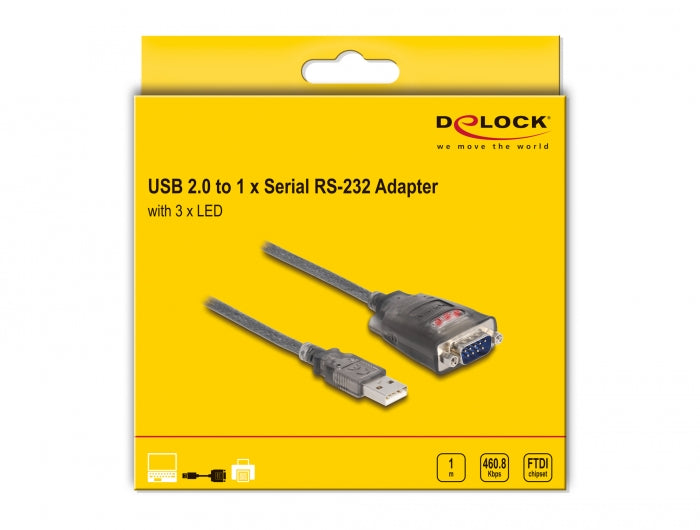 ממיר USB לתקע DB9 Serial RS-232 עם 3xLED צ'יפ FTDI אורך 1 מטר - delock.israel
