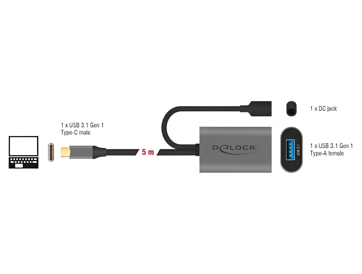 כבל מאריך אקטיבי USB-C 3.1 Gen1 זכר ל- USB-A נקבה אורך 5 מטר - delock.israel
