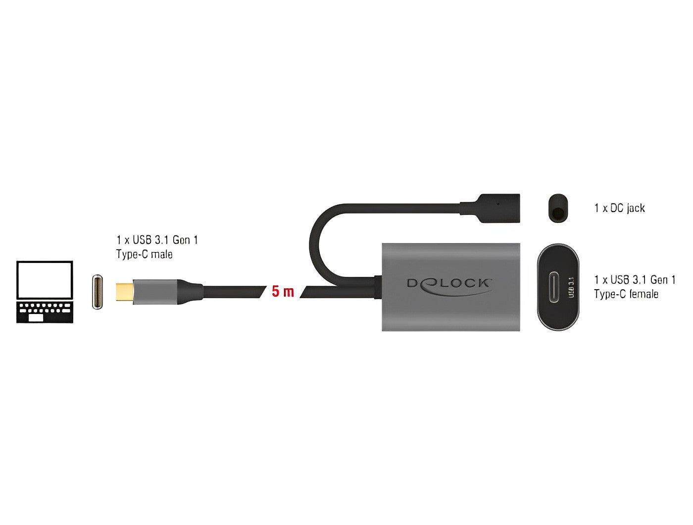 כבל מאריך אקטיבי USB-C 3.1 Gen 1 5Gbps ז/נ אורך 5 מטר - delock.israel