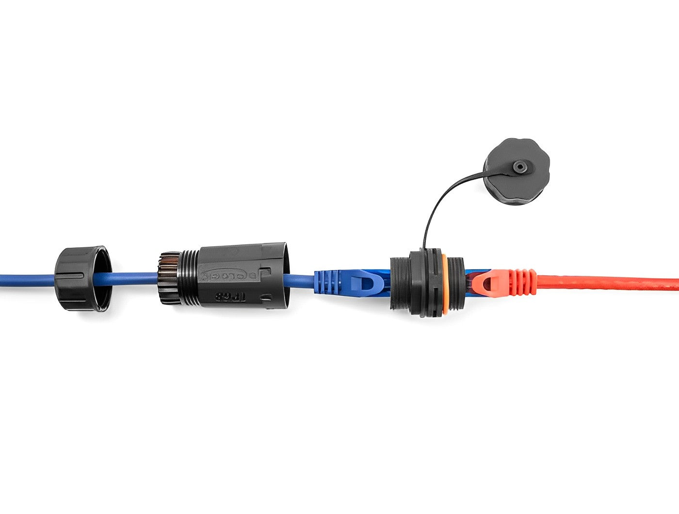 מופה רשת מסוכך Cat.6A STP שקע RJ45 נ/נ עם מכסה בצד אחד אטום נגד מים IP68 - delock.israel
