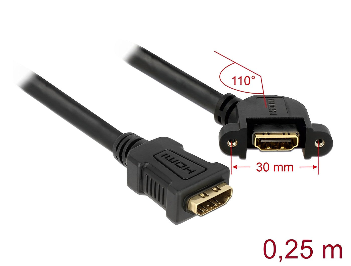 כבל מאריך HDMI-A לפאנל נ/נ שקע בזווית 110° עם מרחק בין הברגים 30 מ"מ - delock.israel
