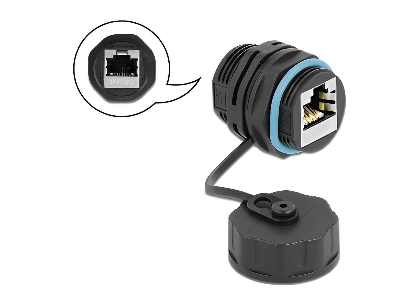 מופה רשת מסוכך RJ45 Cat.6A נ/נ להתקנה בקדח עגול 23 מ"מ אטומה נגד מים IP68 - delock.israel