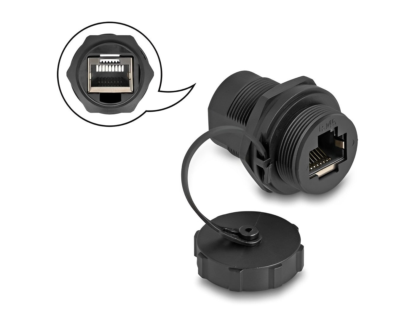 מופה רשת RJ45 Cat.6A מסוכך נ/נ עם מכסה מגן מפני אבק ומים IP67 להתקנה בקדח עגול 27 מ"מ - delock.israel