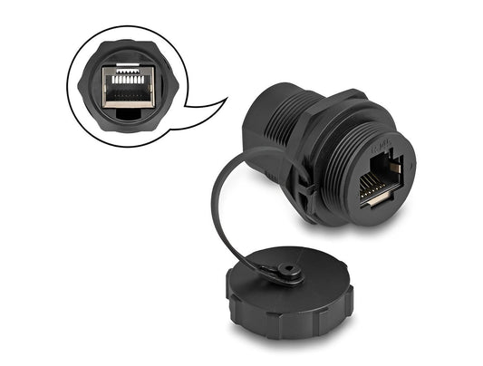 מופה רשת RJ45 Cat.6A מסוכך נ/נ עם מכסה מגן מפני אבק ומים IP67 להתקנה בקדח עגול 27 מ"מ - delock.israel