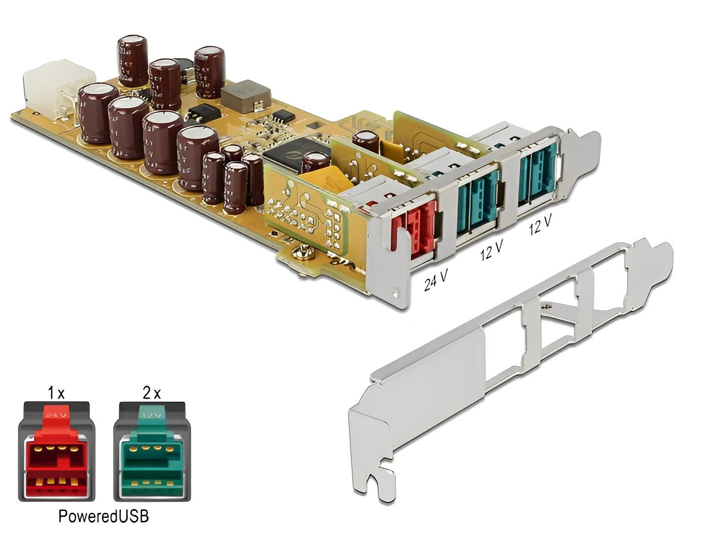 כרטיס PCIe x1 PoweredUSB Low profile עם 3 יציאות USB של 24 או 12 וולט צ'יפ Pericom - delock.israel