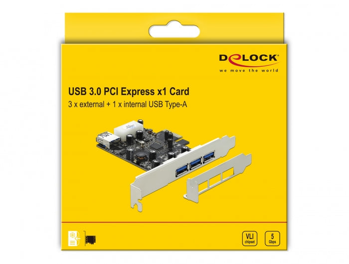 כרטיס PCIe x1 USB 3.0 5Gbps Low profile עם 3 יציאות USB Type-A חיצוניות + 1 פנימית צ'יפ VLI - delock.israel