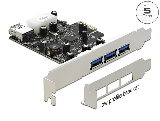 כרטיס PCIe x1 USB 3.0 5Gbps Low profile עם 3 יציאות USB Type-A חיצוניות + 1 פנימית צ'יפ VLI - delock.israel