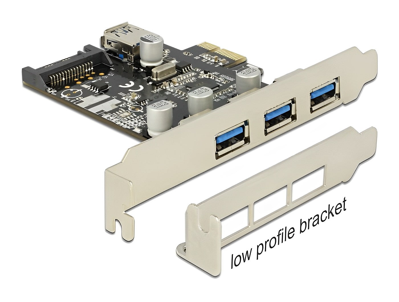 כרטיס PCIe x1 USB 3.0 5Gbps Low profile עם 3 יציאות USB-A חיצוניות + 1 פנימית צ'יפ VLI - delock.israel