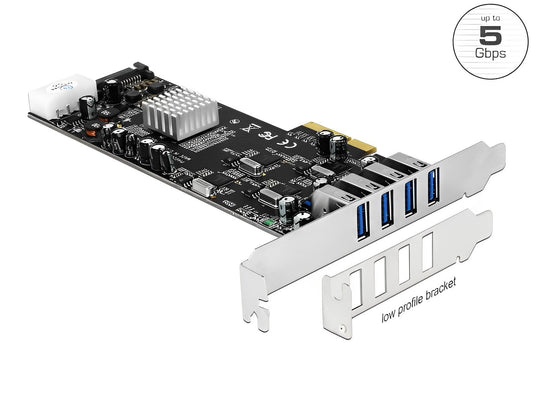 כרטיס PCIe x4 USB 3.0 Quad Channel Low profile עם 4 יציאות USB-A צ'יפ Renesas - delock.israel