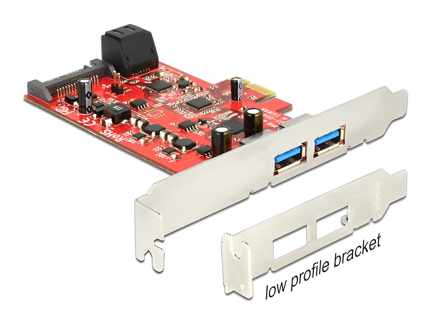 כרטיס PCIe x1 USB 3.0 5Gbps Low profile עם 2 יציאות USB-A חיצוניות + 2 יציאות SATA פנימיות - delock.israel