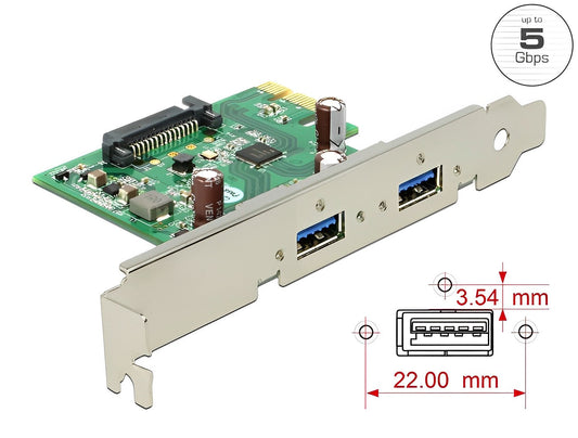 כרטיס PCIe x1 USB 3.0 5Gbps Low profile עם 2 יציאות USB-A צ'יפ Renesas uPD720202 - delock.israel