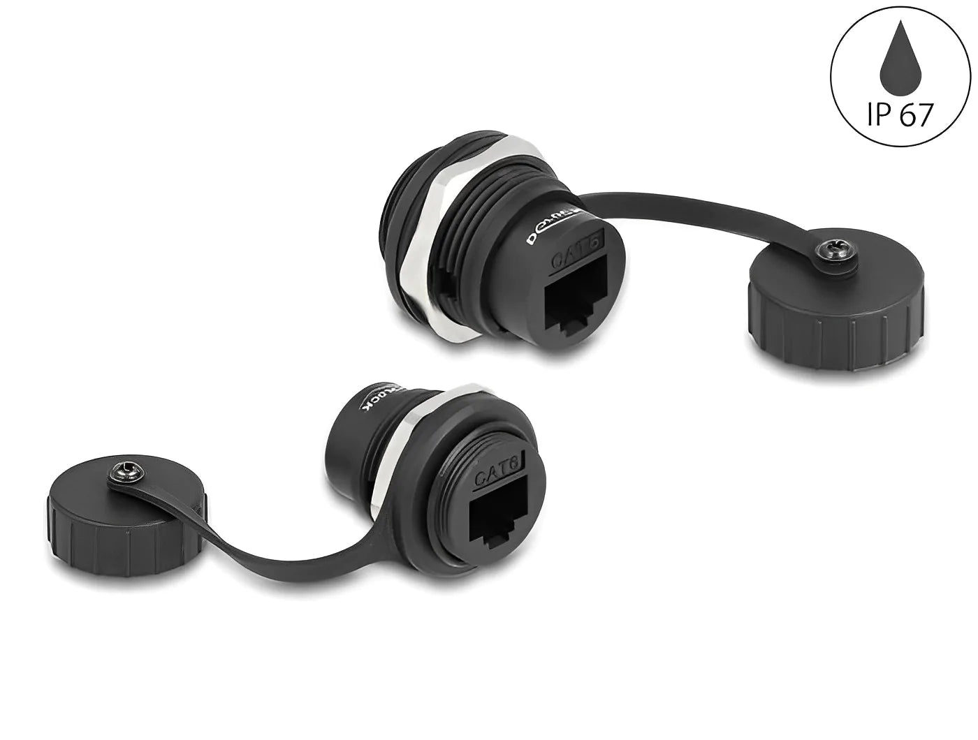 מופה רשת RJ45 Cat.6 נ/נ להתקנה בקדח עגול 23.5 מ"מ אטומה נגד מים IP67 - delock.israel