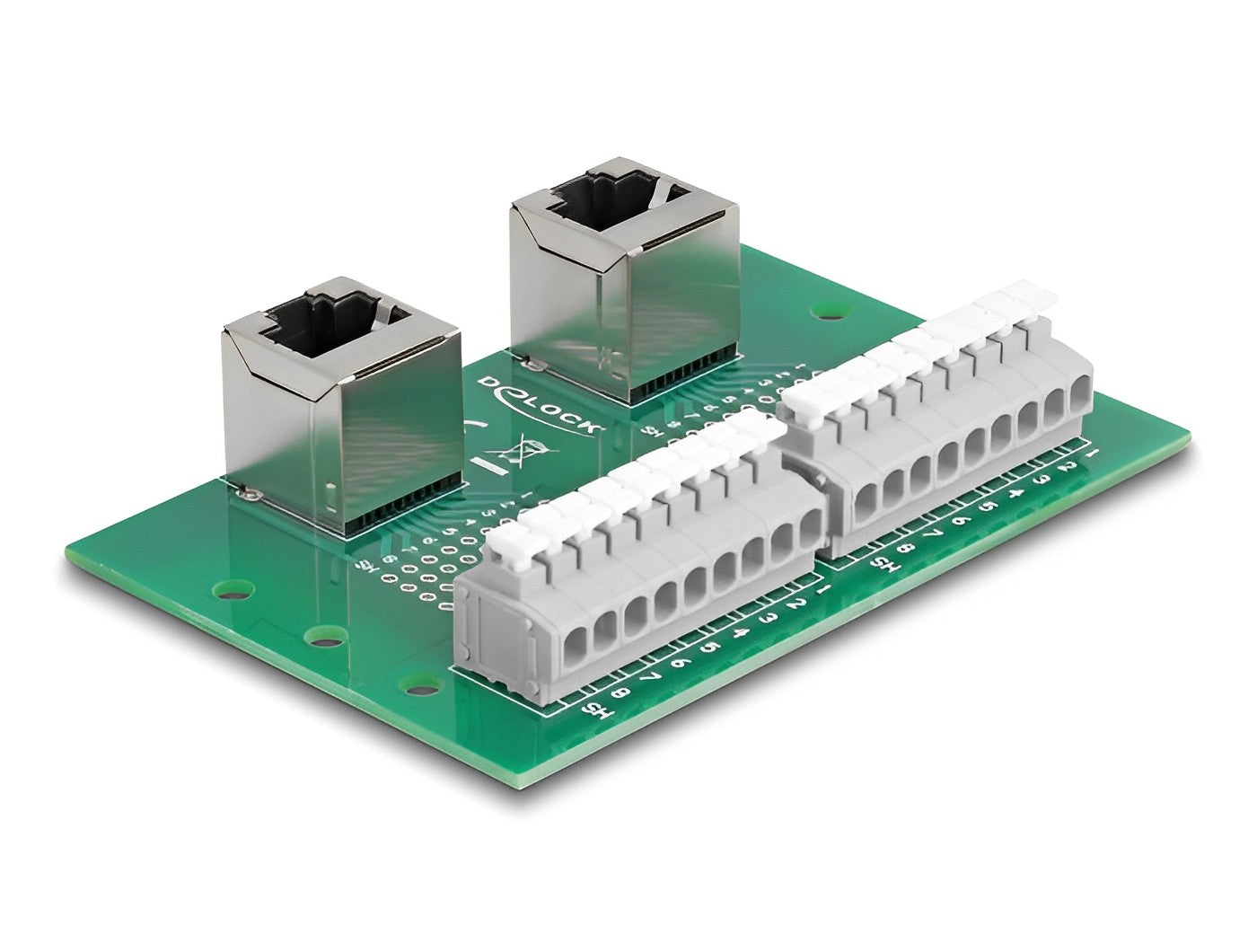 טרמינל בלוק DIN rail בחיבור לחיצה עם 2 יציאות רשת RJ45 נקבה בזווית 90° - delock.israel