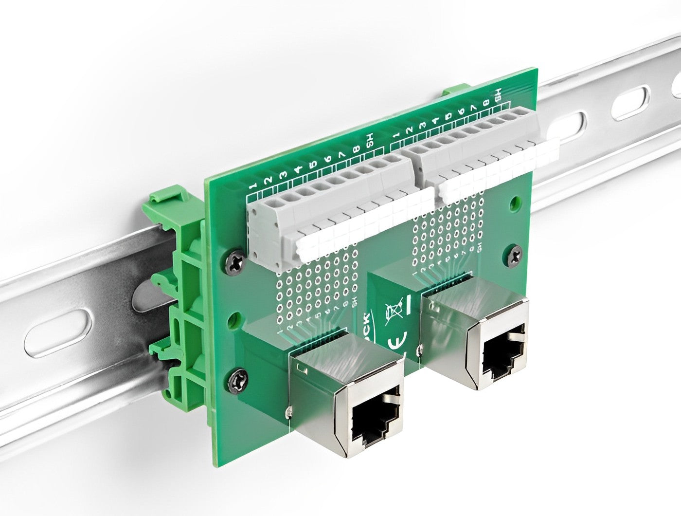 טרמינל בלוק DIN rail בחיבור לחיצה עם 2 יציאות רשת RJ45 נקבה בזווית 90° - delock.israel
