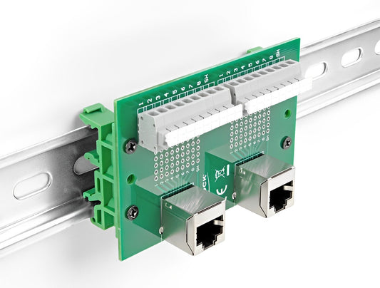 טרמינל בלוק DIN rail בחיבור לחיצה עם 2 יציאות רשת RJ45 נקבה בזווית 90° - delock.israel