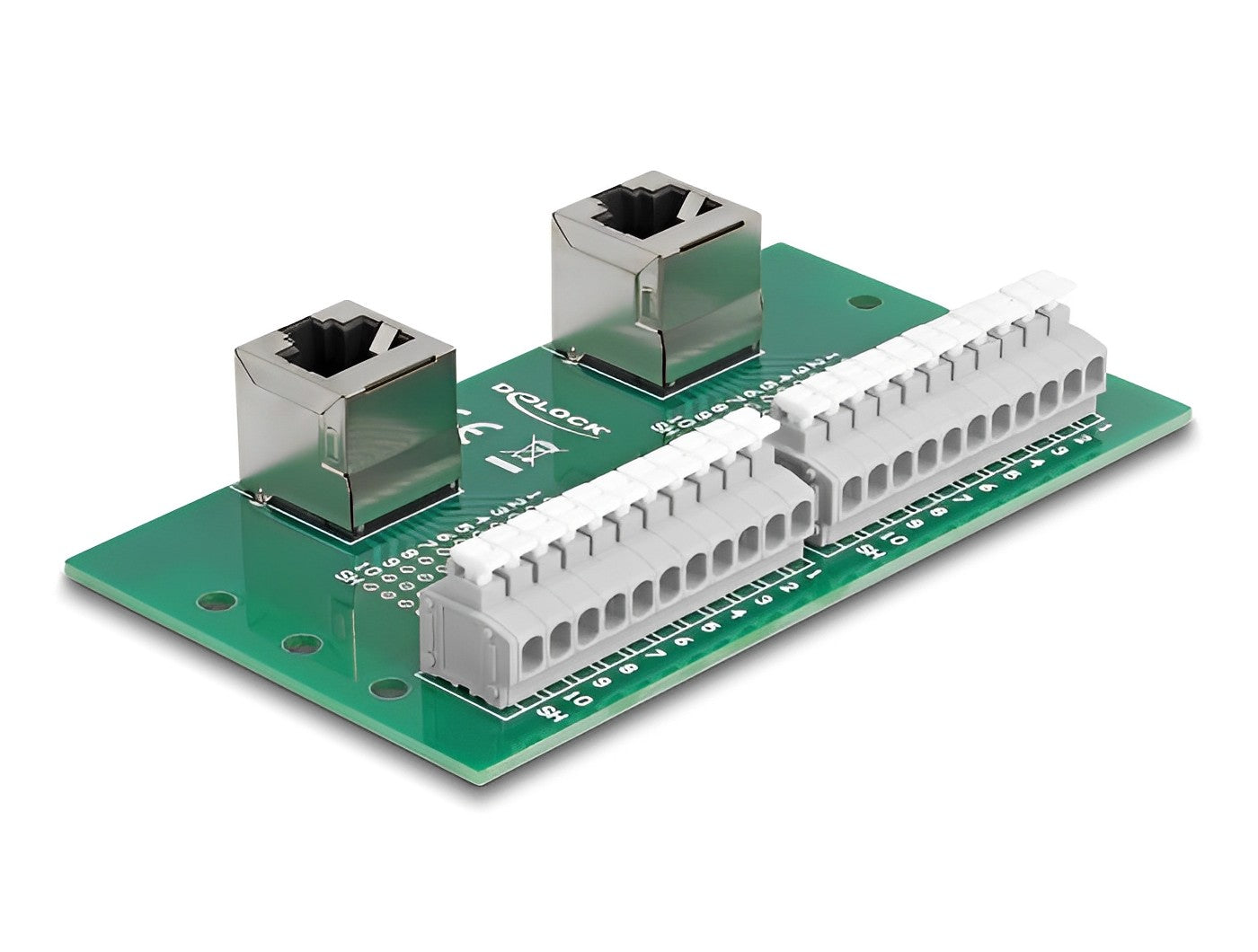טרמינל בלוק DIN rail בחיבור לחיצה עם 2 יציאות RJ50 נקבה בזווית 90° - delock.israel