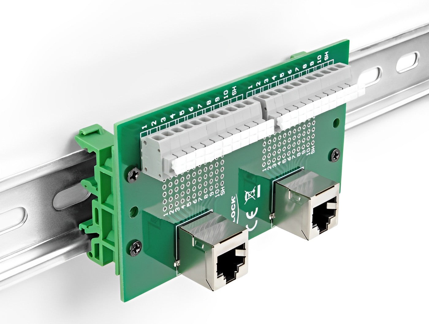 טרמינל בלוק DIN rail בחיבור לחיצה עם 2 יציאות RJ50 נקבה בזווית 90° - delock.israel