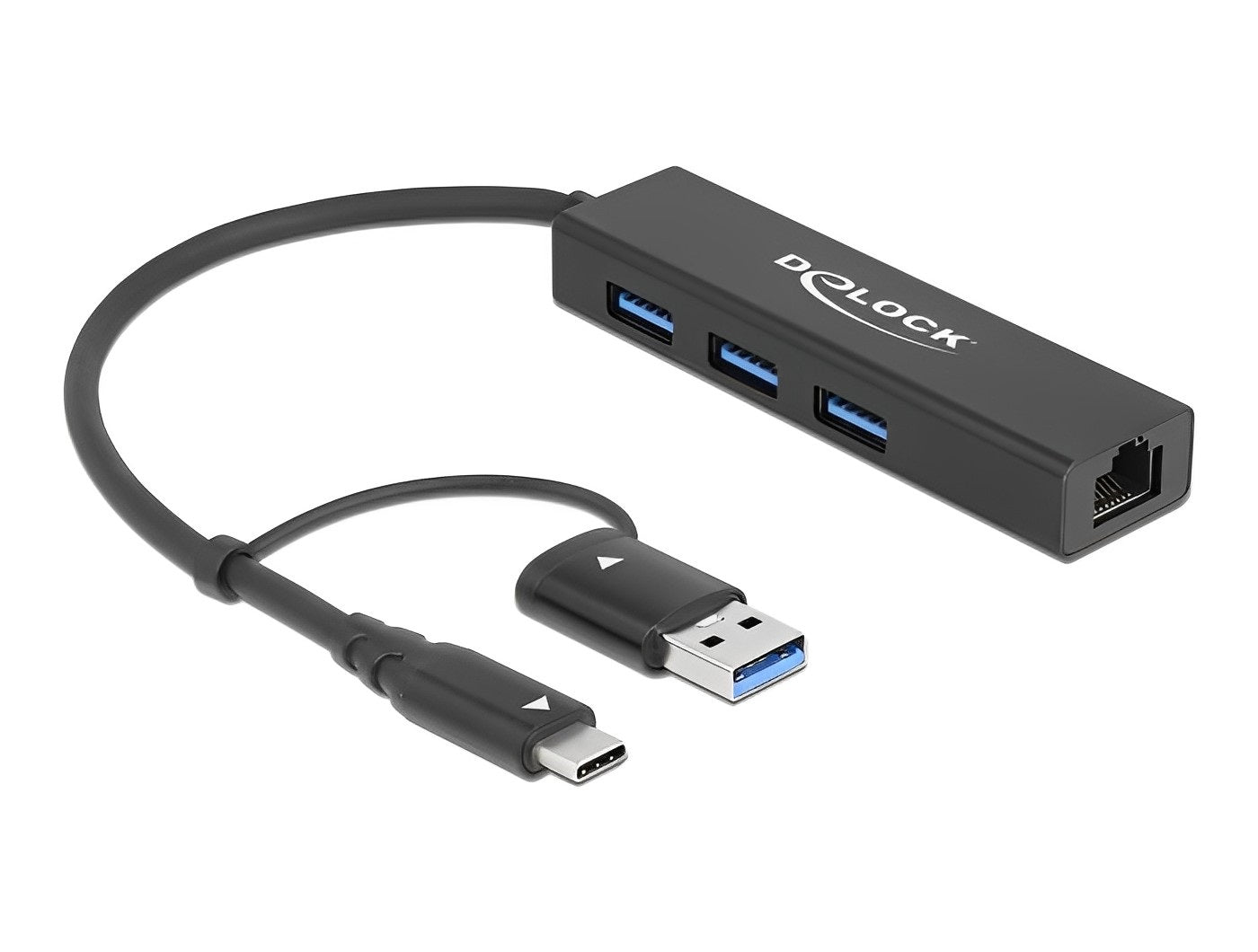 מפצל USB 3.2 Gen 1 5Gbps עם 3 יציאות USB-A ושקע רשת RJ45 Giga - delock.israel