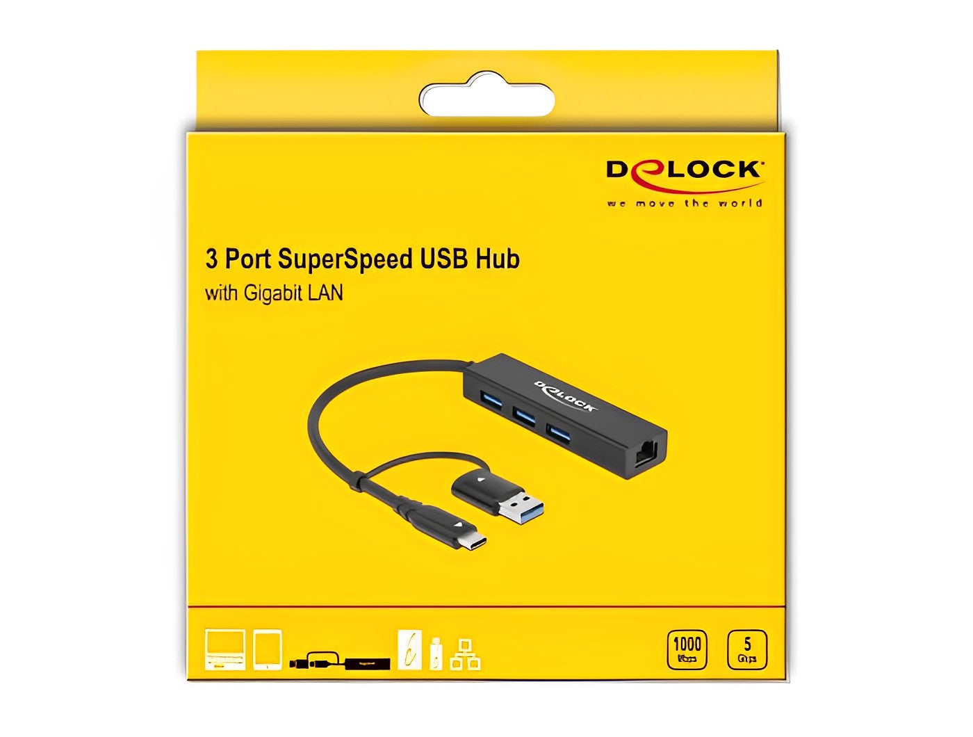 מפצל USB 3.2 Gen 1 5Gbps עם 3 יציאות USB-A ושקע רשת RJ45 Giga - delock.israel