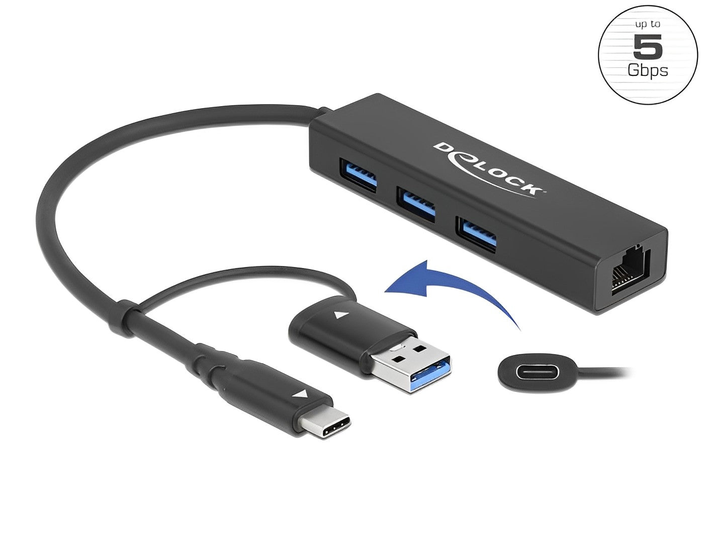 מפצל USB 3.2 Gen 1 5Gbps עם 3 יציאות USB-A ושקע רשת RJ45 Giga - delock.israel