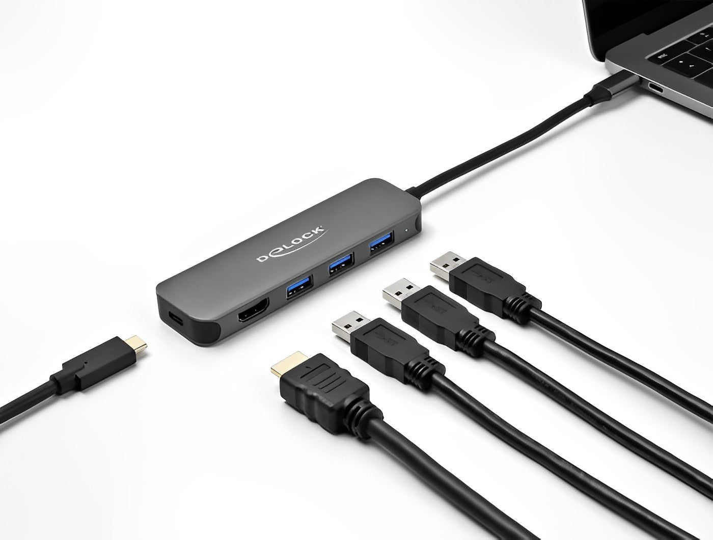 מפצל USB-C 3.2 5Gbps PD 85Watt עם 3 יציאות USB-A ושקע HDMI 4K לחיבור מסך - delock.israel