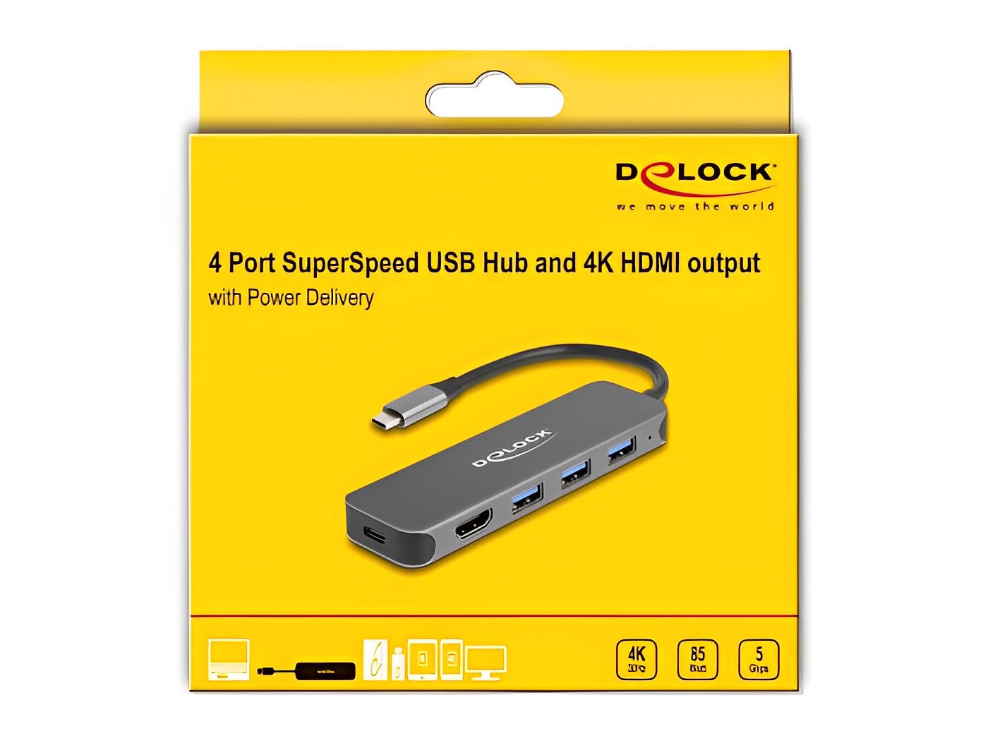 מפצל USB-C 3.2 5Gbps PD 85Watt עם 3 יציאות USB-A ושקע HDMI 4K לחיבור מסך - delock.israel