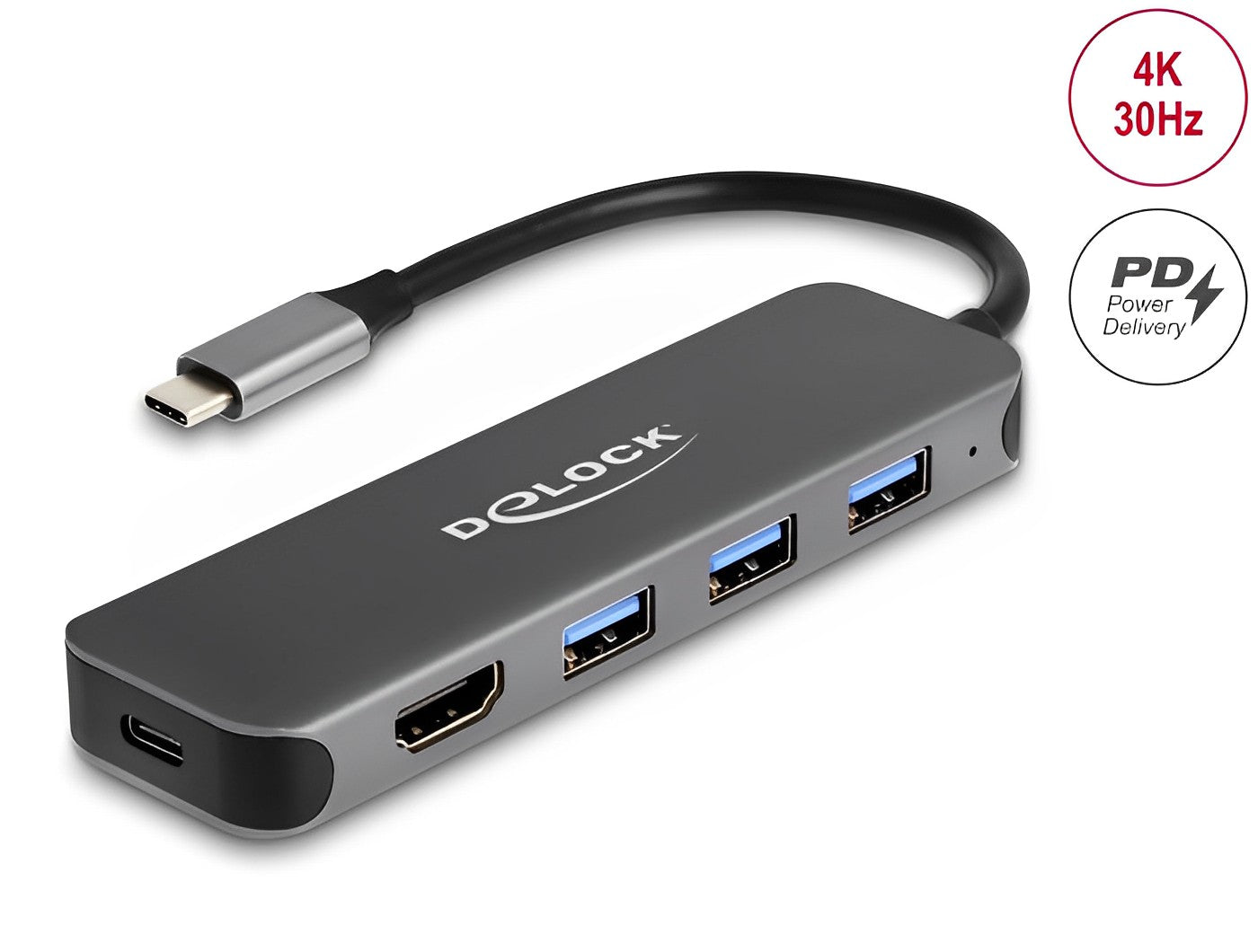 מפצל USB-C 3.2 5Gbps PD 85Watt עם 3 יציאות USB-A ושקע HDMI 4K לחיבור מסך - delock.israel