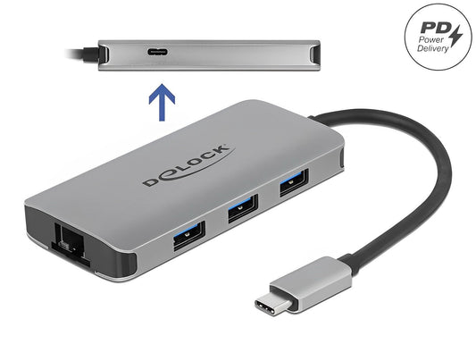מפצל USB-C 3.2 5Gbps PD 100Watt עם 3 יציאות USB-A ושקע רשת RJ45 Giga - delock.israel