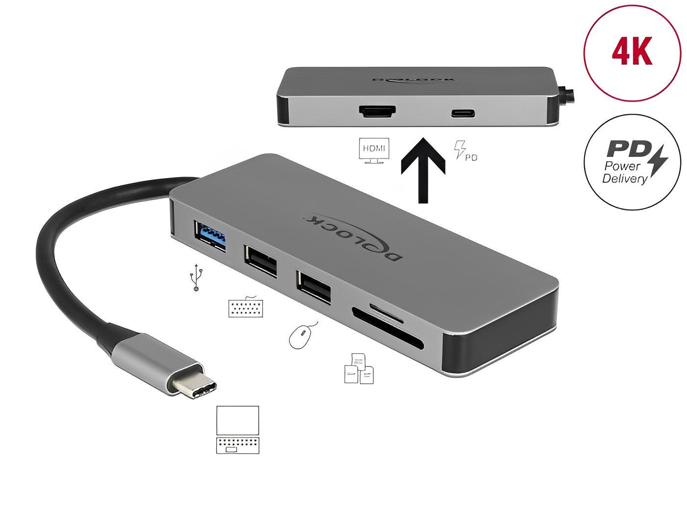 תחנת עגינה USB-C LED illumination למחשב נייד עם חיבור למסכך HDMI 4K - delock.israel
