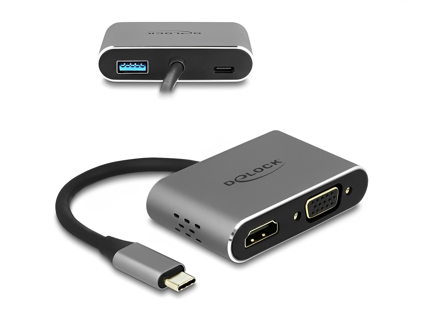 מתאם תצוגה USB-C לחיבור 2 מסכים HDMI 4K + VGA בו זמנית תומך PD 87 watt - delock.israel