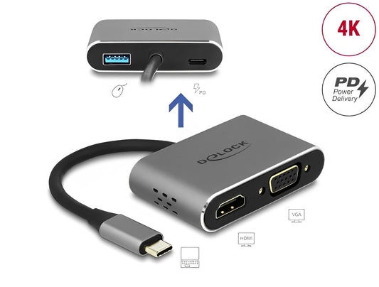 מתאם תצוגה USB-C לחיבור 2 מסכים HDMI 4K + VGA בו זמנית תומך PD 87 watt - delock.israel