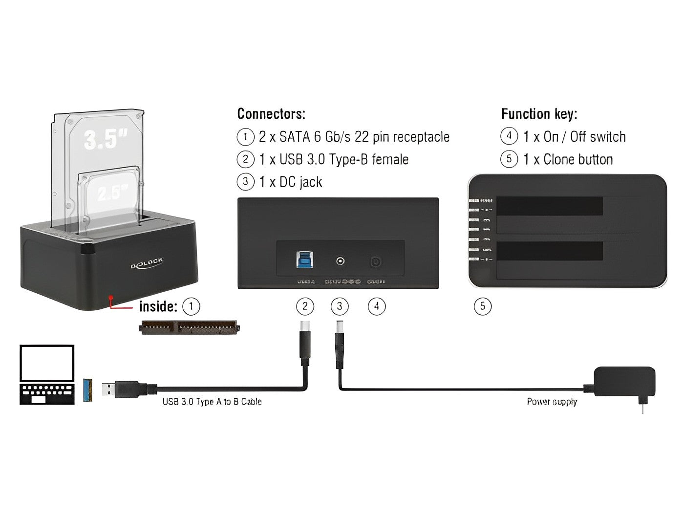 תחנת עגינה USB 3.0 עבור 2 כונני SATA HDD/SSD 2.5″/ 3.5″ עם פונקציית שכפול - delock.israel