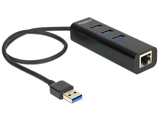 מפצל USB 3.0 5Gbps עם 3 יציאות USB-A ושקע רשת RJ45 Giga - delock.israel