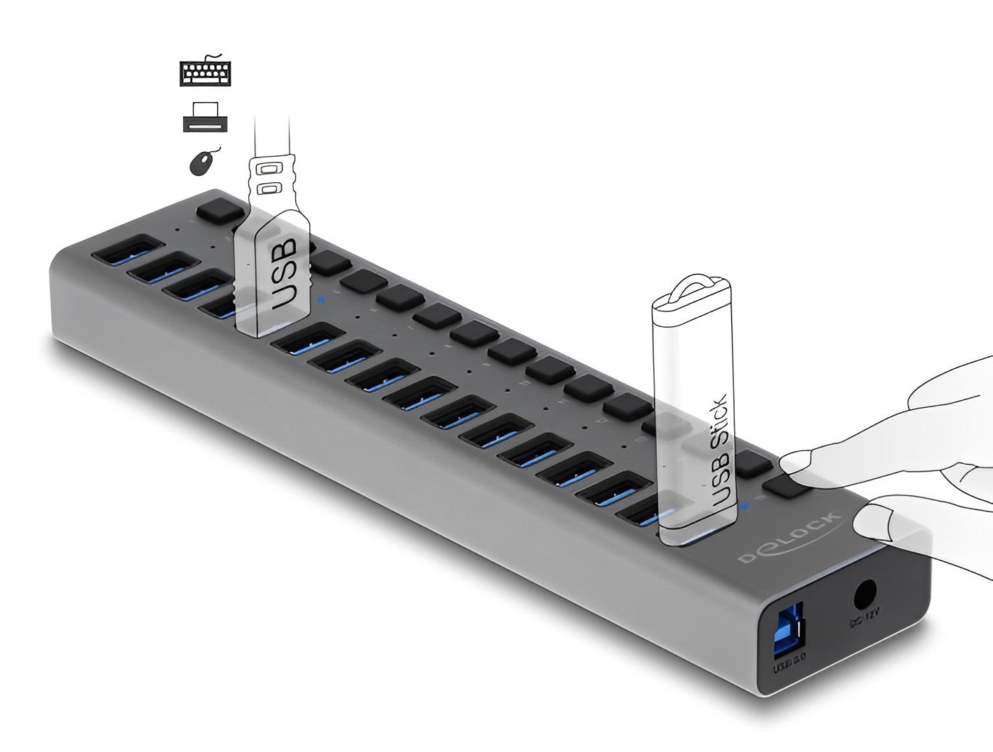 מפצל USB 3.0 5Gbps אקטיבי 16 יציאות USB-A עם מפסקים - delock.israel