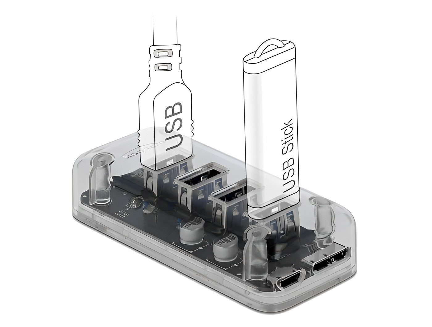 מפצל USB 3.0 5Gbps שקוף 4 יציאות USB-A עם תאורת לד כחולה - delock.israel