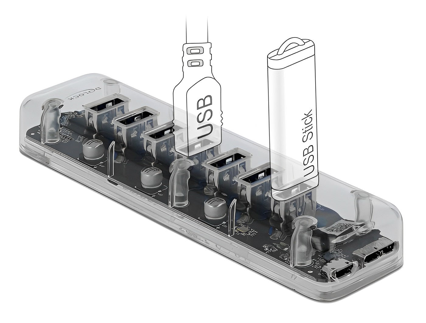 מפצל USB 3.0 5Gbps שקוף 7 יציאות USB-A עם תאורת לד כחולה - delock.israel