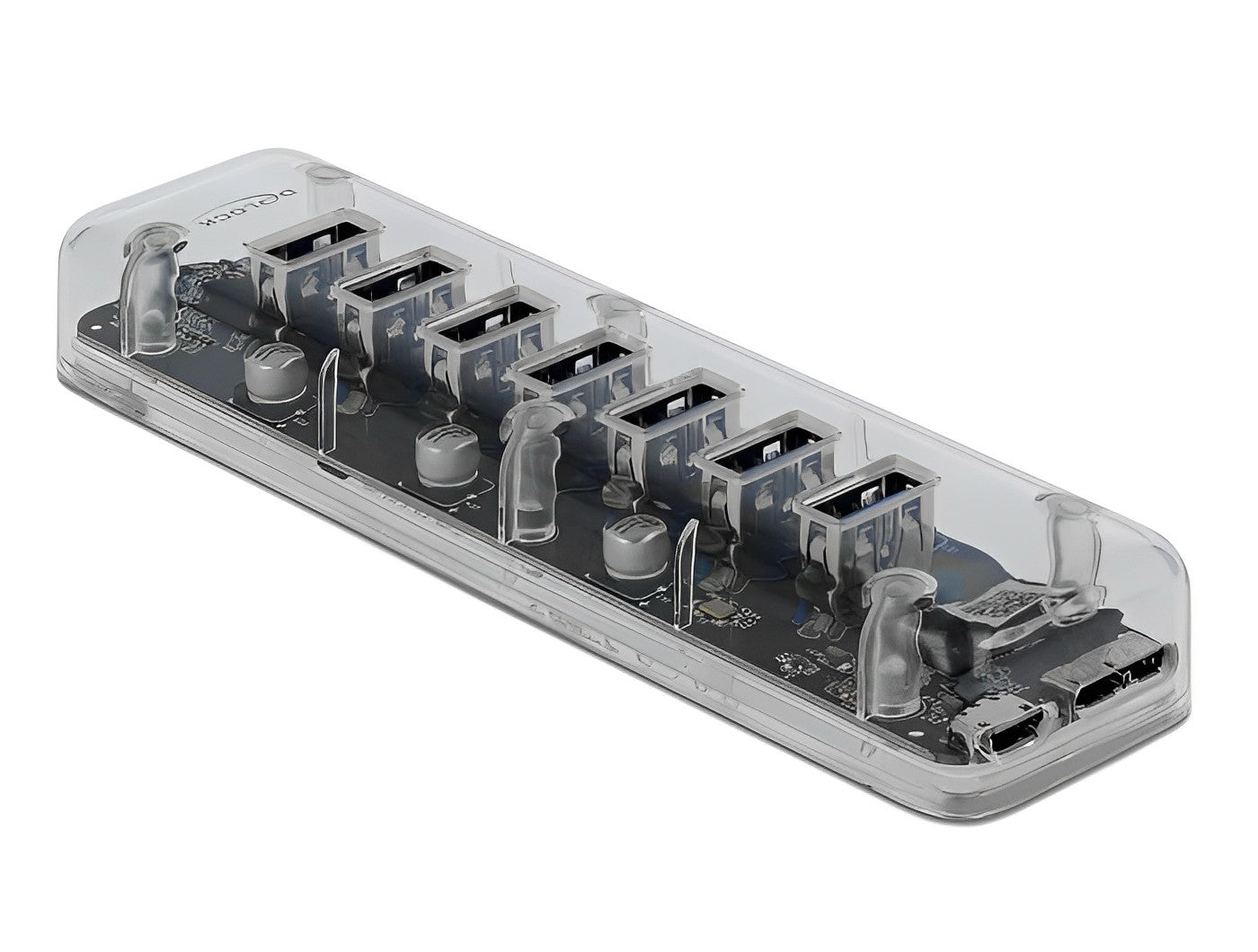 מפצל USB 3.0 5Gbps שקוף 7 יציאות USB-A עם תאורת לד כחולה - delock.israel