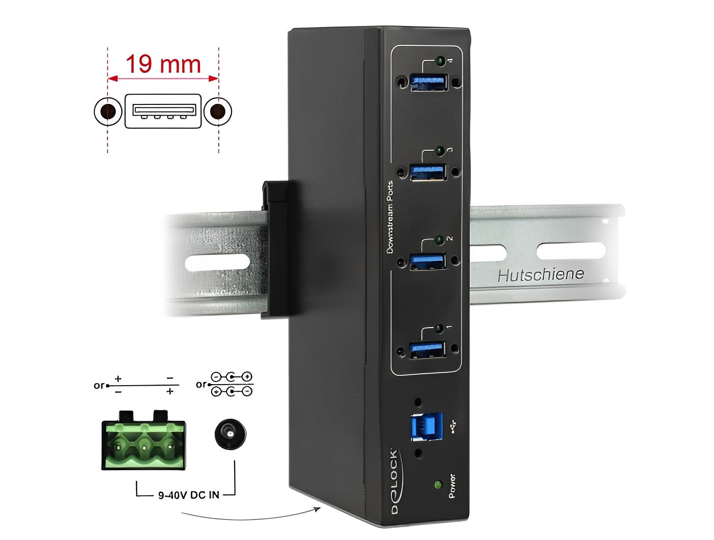 מפצל תעשייתי USB 3.0 5Gbps 15kV ESD אקטיבי עם 4 יציאות USB-A - delock.israel