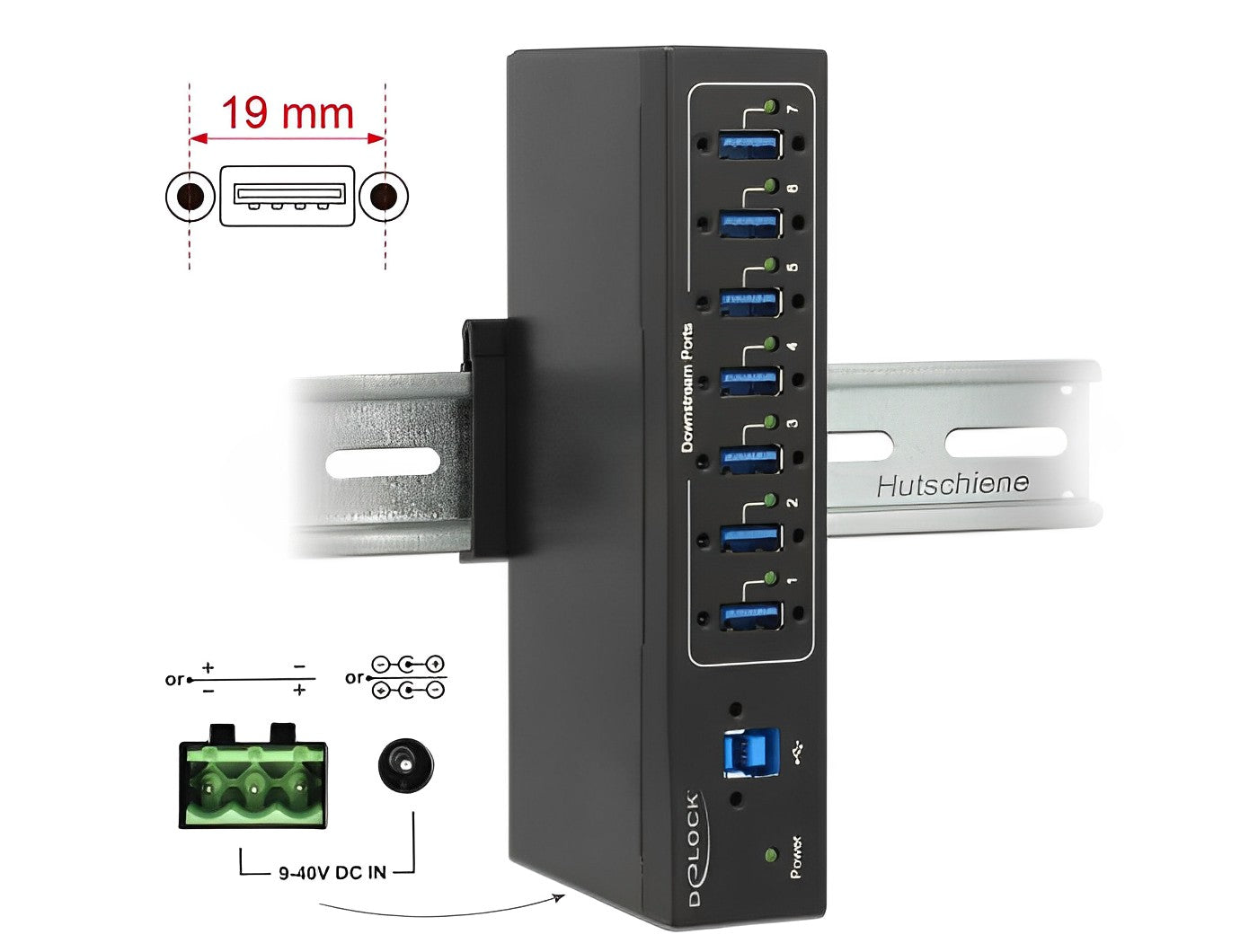 מפצל תעשייתי USB 3.0 5Gbps 15kV ESD אקטיבי עם 7 יציאות USB-A- delock.israel