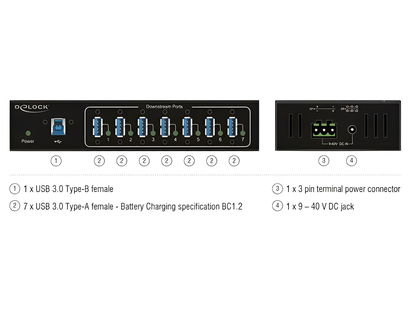 מפצל תעשייתי USB 3.0 5Gbps 15kV ESD אקטיבי עם 7 יציאות USB-A- delock.israel