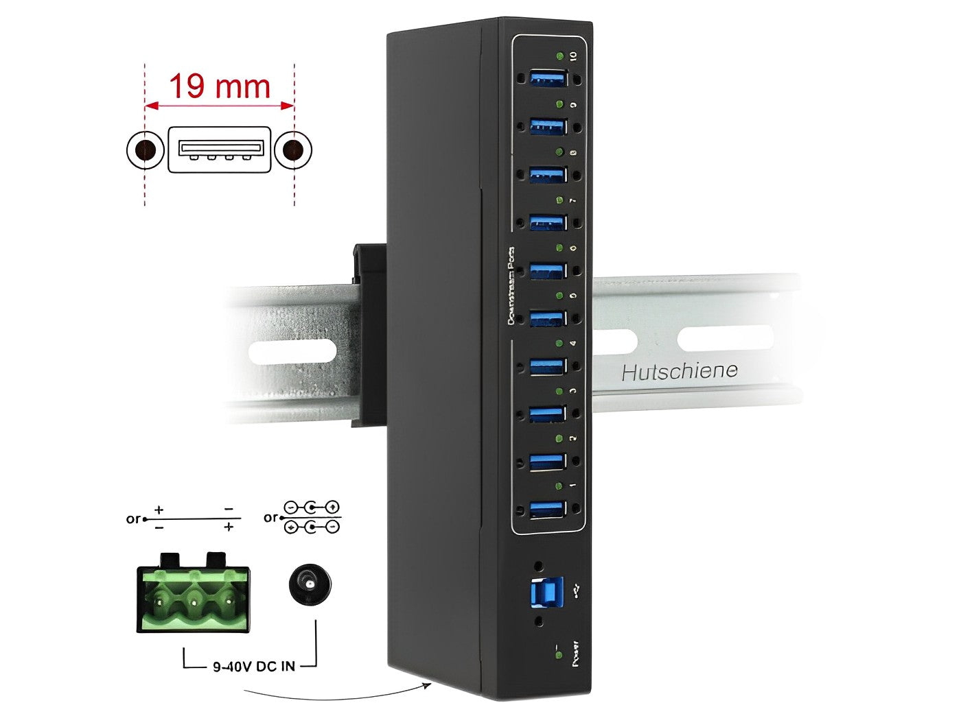 מפצל תעשייתי USB 3.0 5Gbps 20kV ESD אקטיבי עם 10 יציאות USB-A - delock.israel