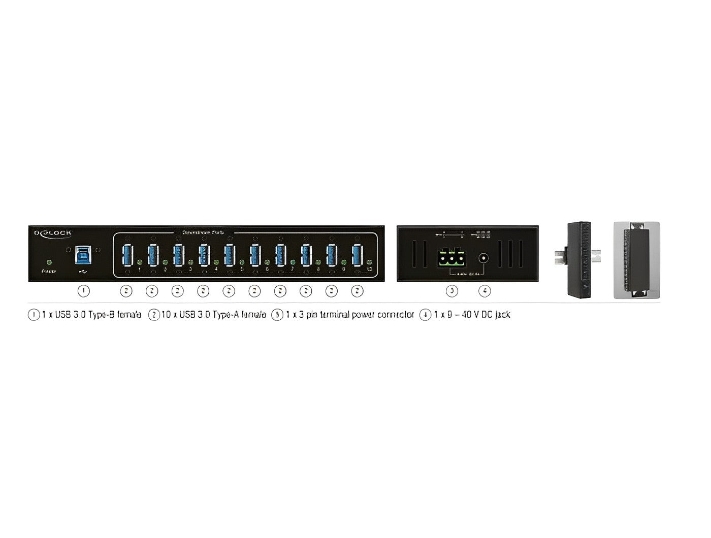מפצל תעשייתי USB 3.0 5Gbps 20kV ESD אקטיבי עם 10 יציאות USB-A - delock.israel