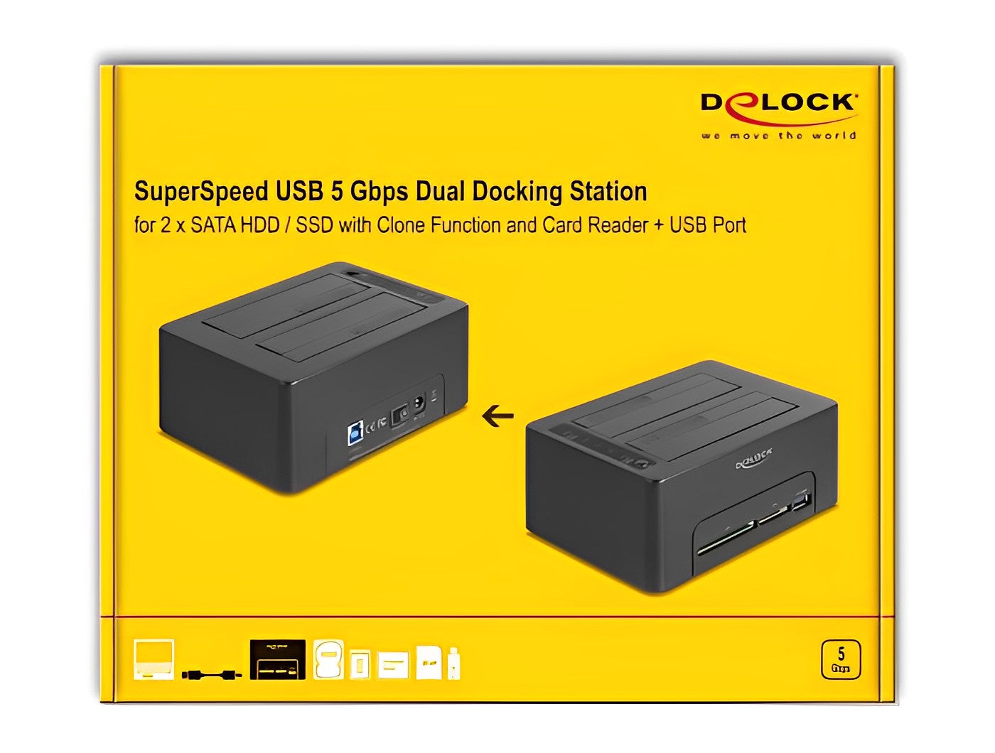 תחנת עגינה USB 3.2 Gen 1 עבור 2 כונני SATA 2.5″/ 3.5″ עם פונקציית שכפול וקורא כרטיסים - delock.israel
