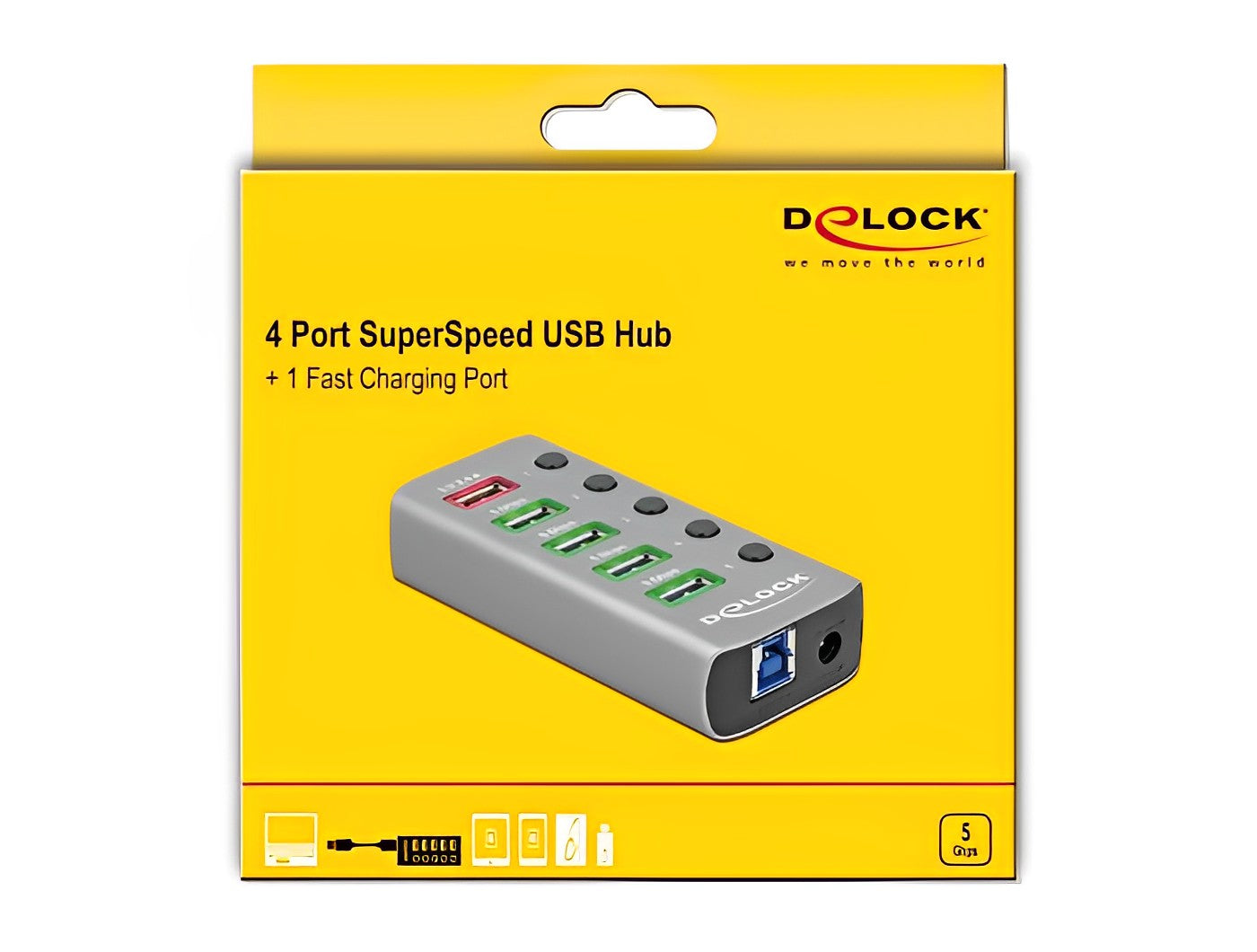 מפצל USB 3.2 5Gbps אקטיבי עם 4 יציאות USB-A + שקע טעינה USB 5 V / 2.4 A - delock.israel