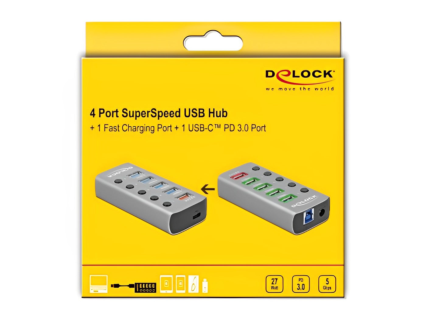 מפצל USB 3.2 5Gbps אקטיבי עם 4 יציאות USB-A + שקעים טעינה USB 5 V / 12 V - delock.israel