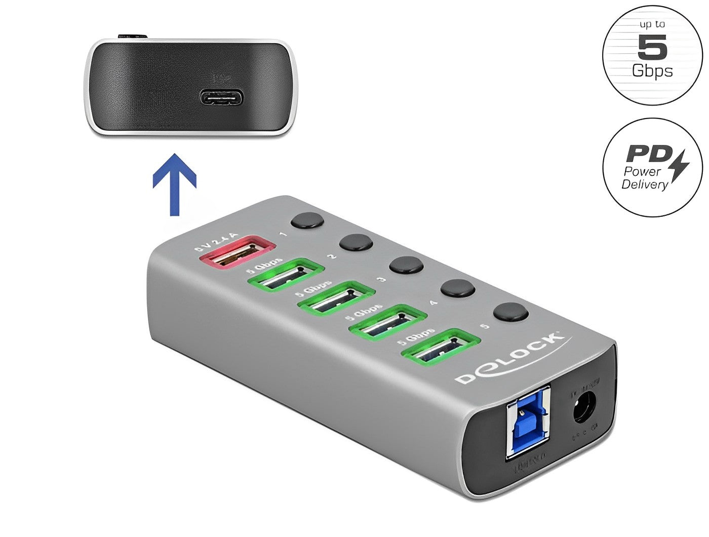 מפצל USB 3.2 5Gbps אקטיבי עם 4 יציאות USB-A + שקעים טעינה USB 5 V / 12 V - delock.israel